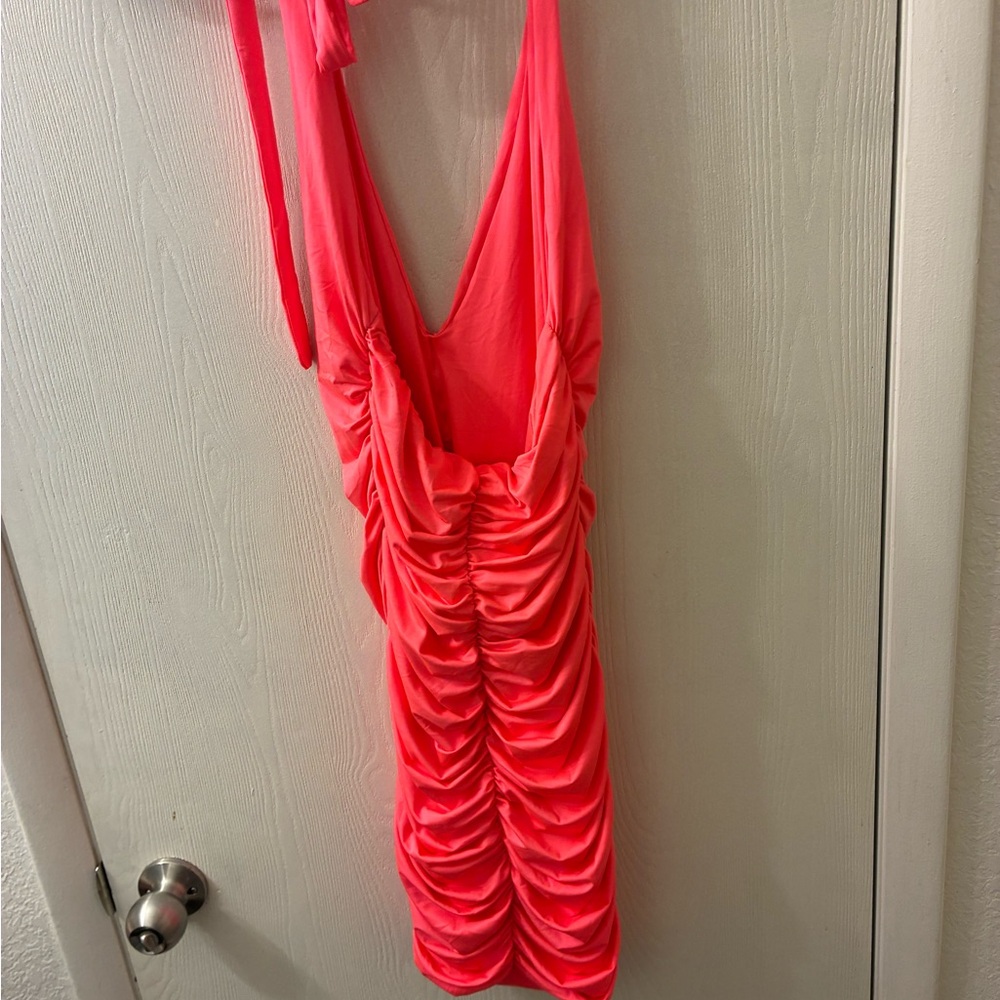 Hot Pink Ruched Halter Bodycon Mini Dress Adjustable Tie